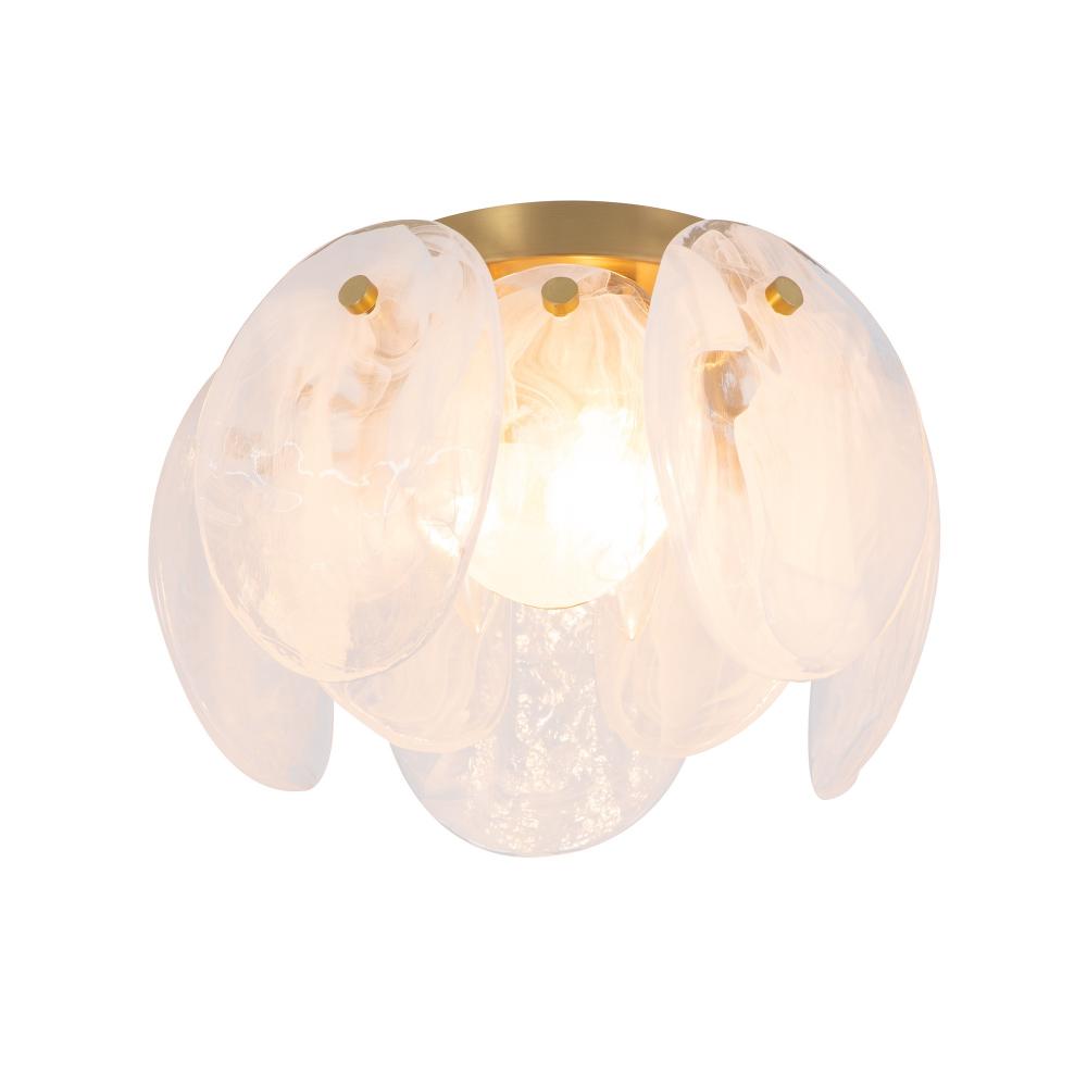 Lily 3 Light Semi Flush Mount, Brushed Brass with Wispy White Murano Style Glass