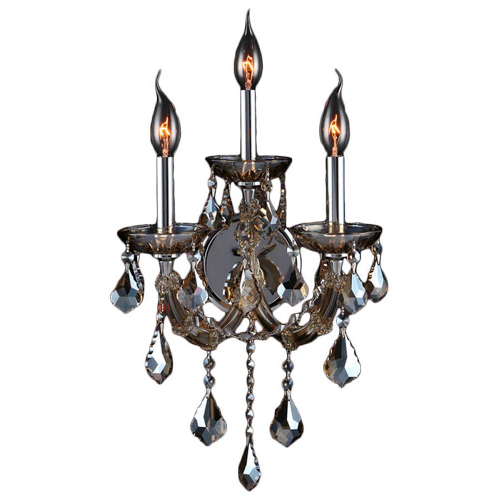 Maria Theresa 3-Light Chrome Finish and Golden Teak Crystal Candle Wall Sconce Light 12 in. W x 20 i