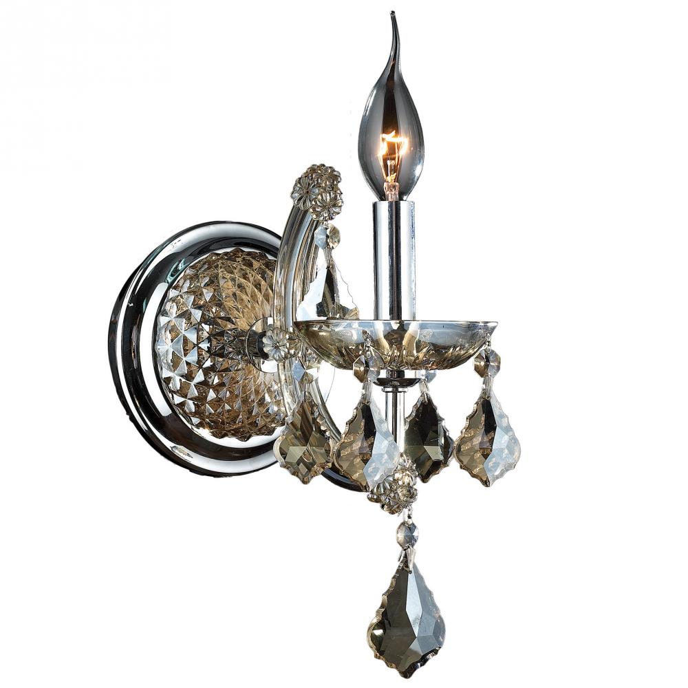 Maria Theresa 1-Light Chrome Finish and Golden Teak Crystal Candle Wall Sconce Light 6 in. W x 14 in