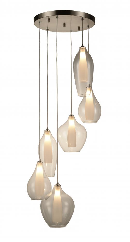 Botella 6-Light Matte Nickel Finish Halogen / LEd Clear Glass Cascade Pendant Ceilng Light d16 in. x