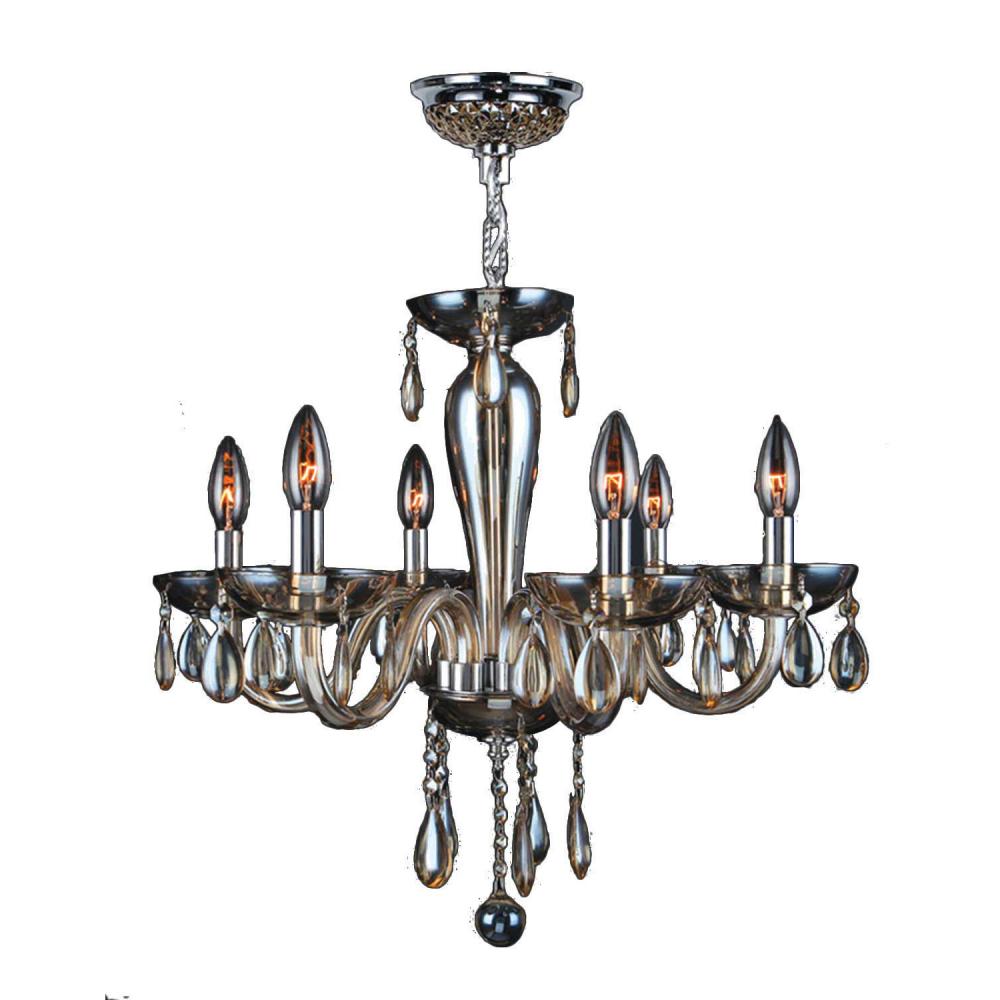 Gatsby Collection 6 Light Chrome Finish and Golden Teak Blown Glass Chandelier 22" D x 19" H