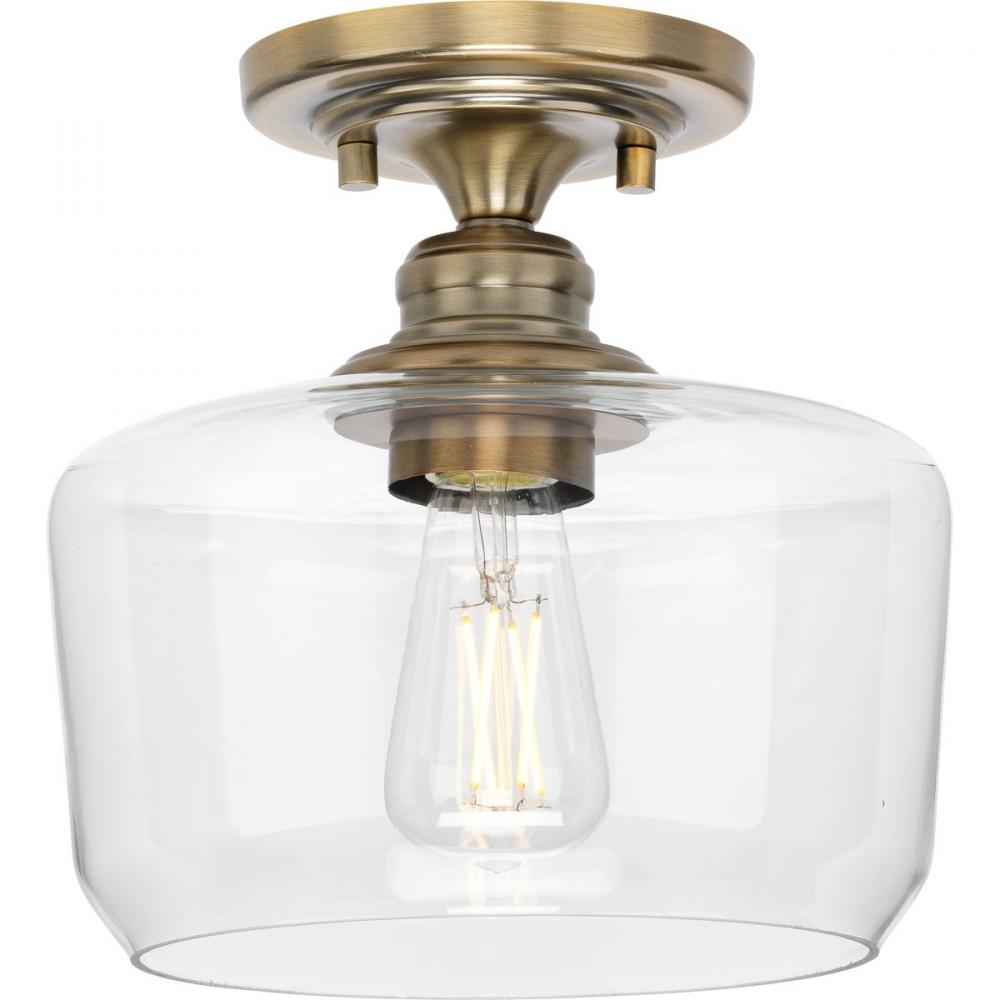 Aiken Collection One-Light Vintage Brass Clear Glass Farmhouse Flush Mount Light