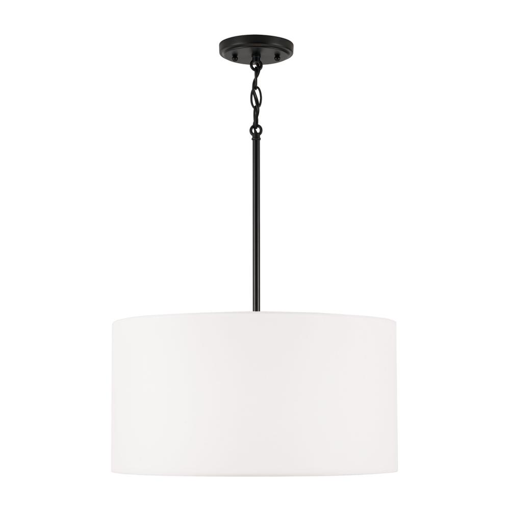 3-Light Pendant in Matte Black with White Fabric Drum Shade and Acrylic Diffuser