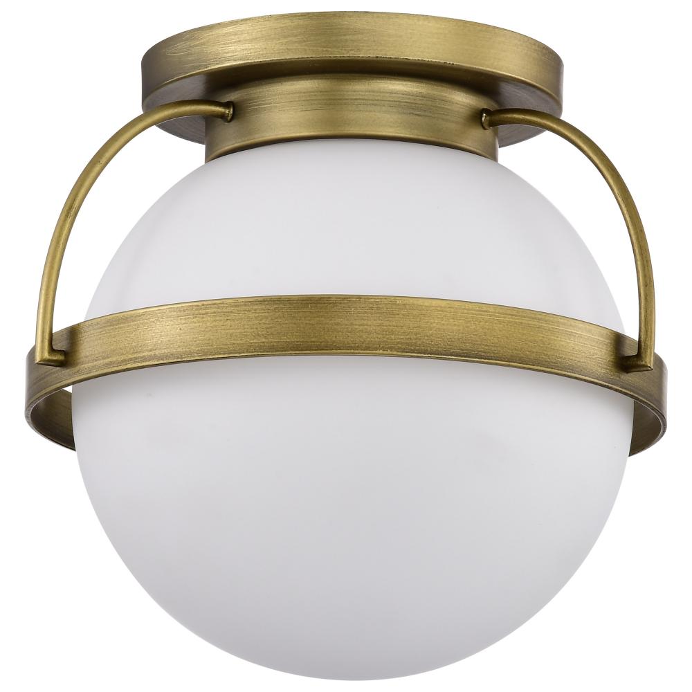 Lakeshore 1 Light Medium Flush; Natural Brass Finish; White Opal Glass